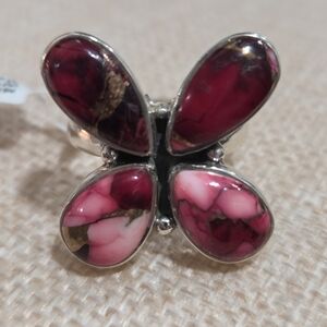 Silver Butterfly Ring with Red Dahlia Turquoise Stones